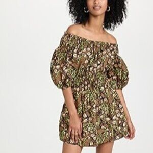 A.L.C. Maya Print Off‑The‑Shoulder Mini Blouson Dress – Brown/Green – Size 4 (NW